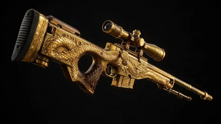 AWP Dragon Lore skin with dragon scale pattern and gold details on dark background