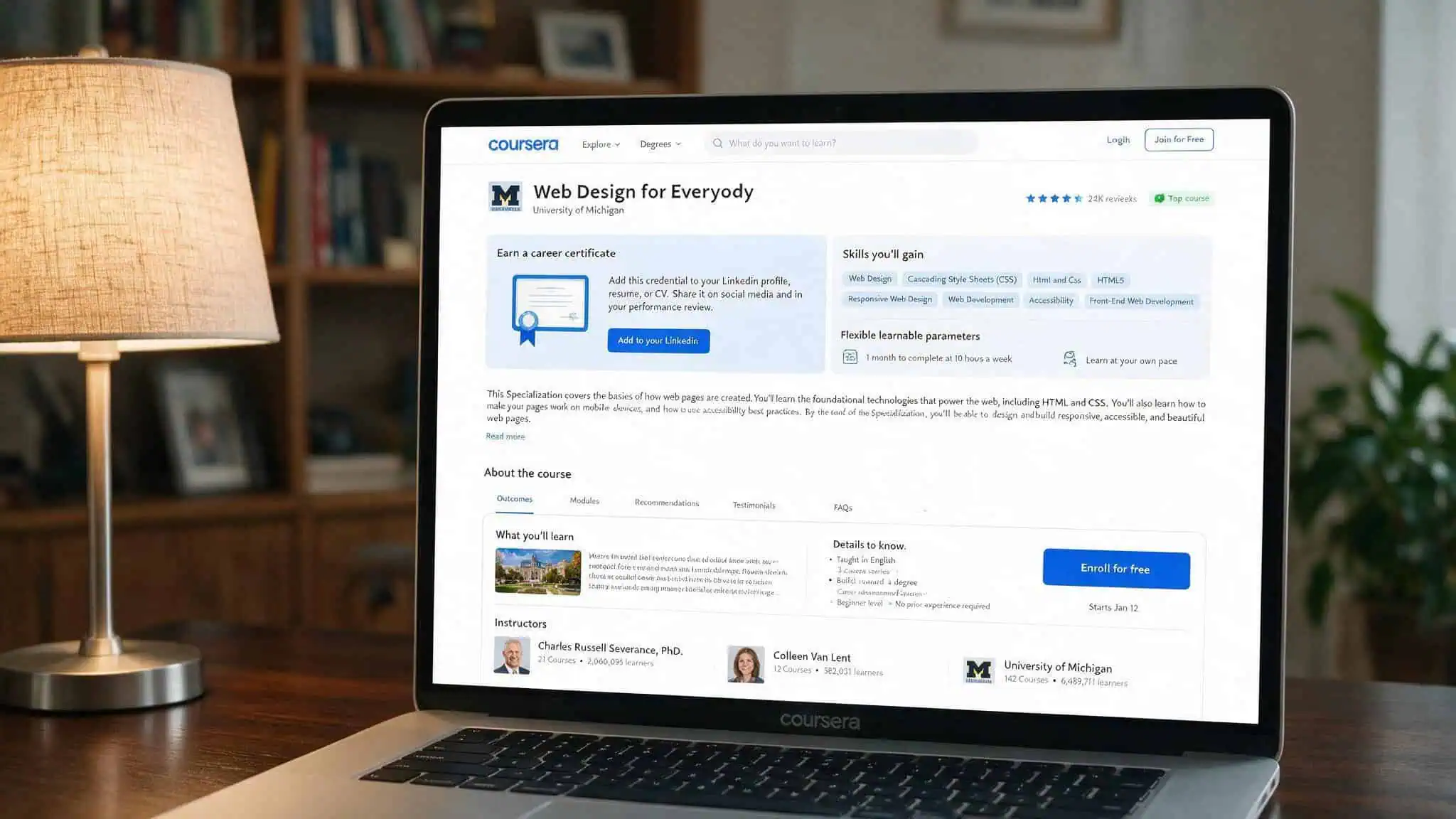 Best Web Design Courses 2026: Free to Premium With Honest Pricing 4 Coursera page for University of Michigan Web Design for Everybody course with certificate badge.