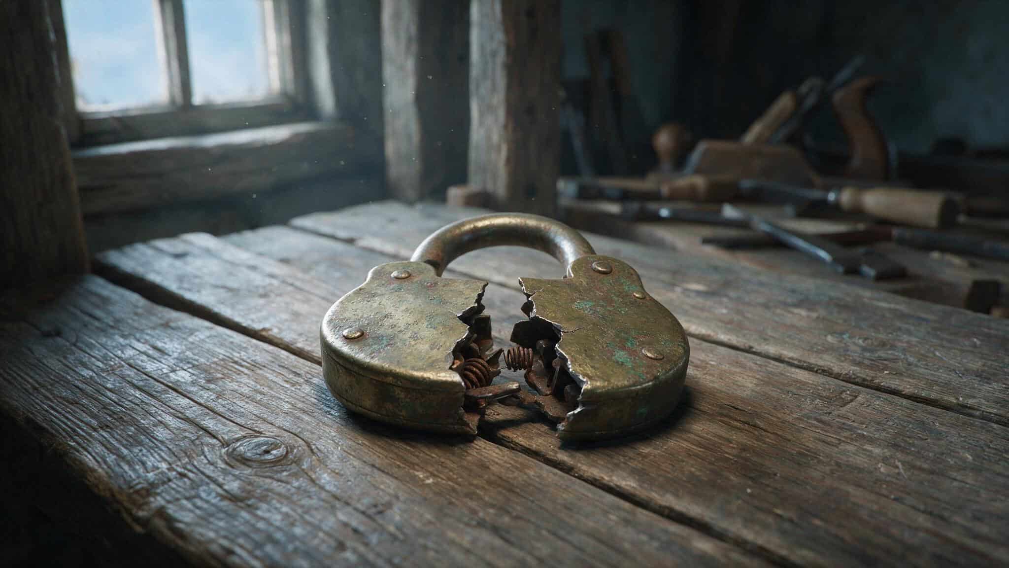 What Are Good Passwords to Remember? 3 Methods With Examples 2 A cracked padlock on wood illustrating how memorable passwords are easily broken.