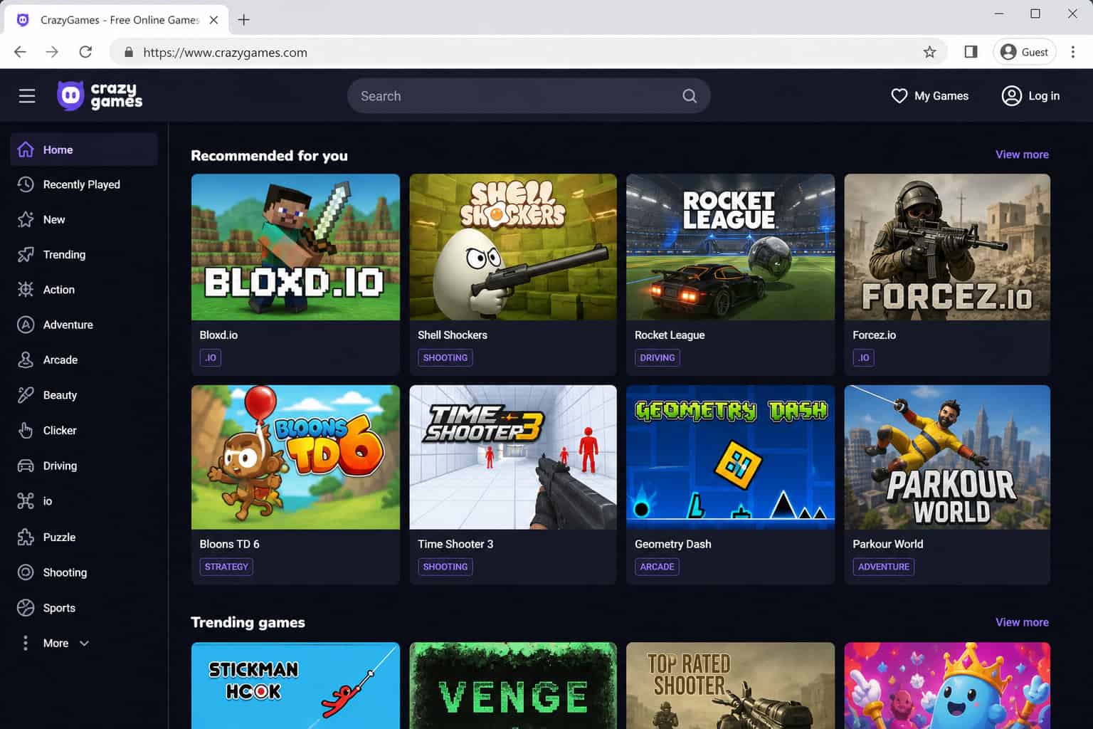 Social Games to Play with Friends: Gidd.io vs CrazyGames for Inside Jokes 4 Screenshot of CrazyGames website showcasing popular online games including Bloxd.io, Shell Shockers, Rocket League, and more.