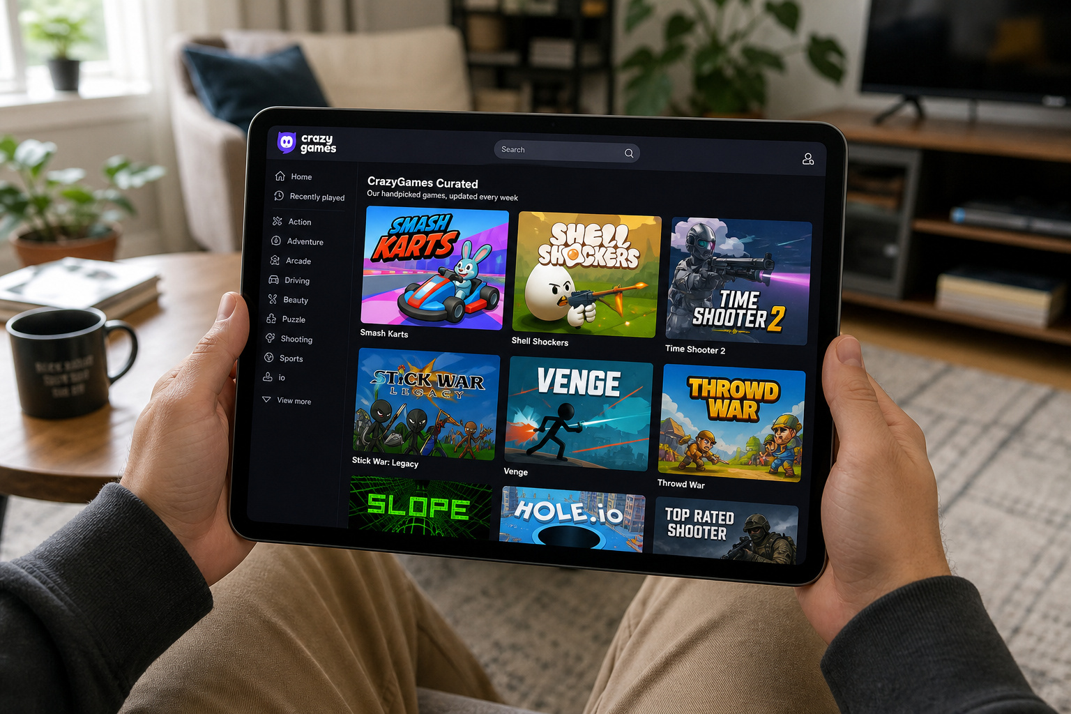 Tablet screen displaying CrazyGames curated multiplayer game library with Smash Karts and Bloxd.io.