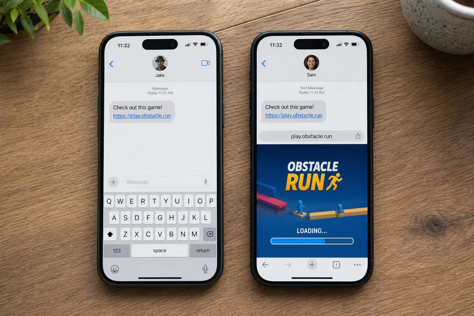 Social Games Free: 5 Platforms That Prove Zero Cost Doesn't Mean Low Quality 3 Two smartphones on a wooden table showing a messaging app and the obstacle run game loading screen, highlighting mobile gaming and communication.