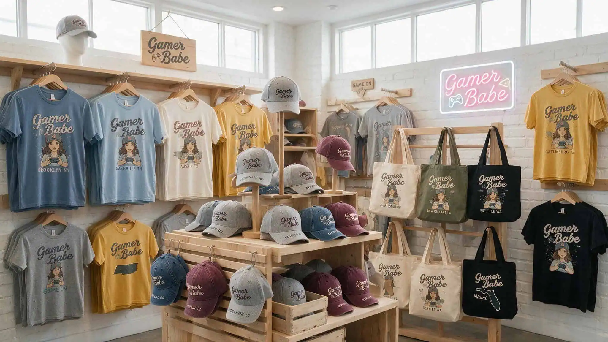Gamer Babe Merchandise: Why Women Are Ditching Marvel and Fanta Tees 2 Assortment of customizable Gamer Babe apparel with various town names on display.