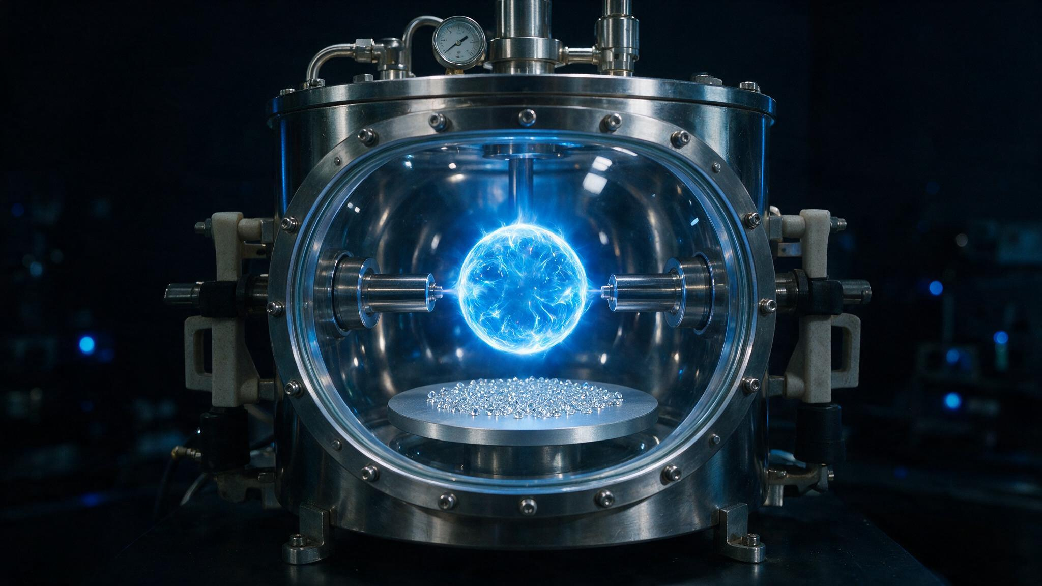 CVD vacuum chamber with plasma ball and diamond seed disc for chemical vapor deposition growth.