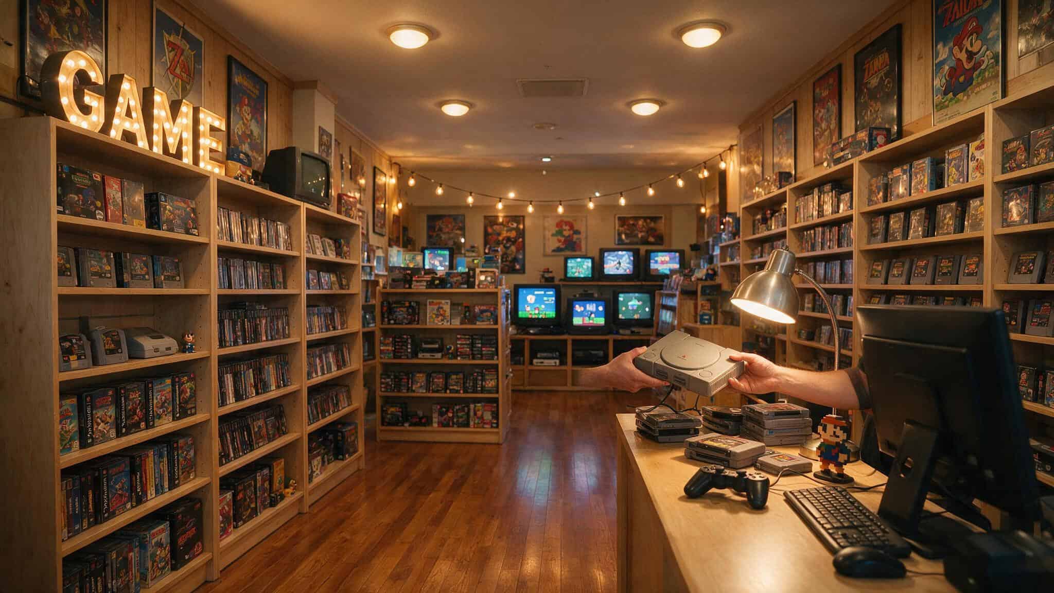 Customer selling a console at a dedicated retro game store counter with shelves of games behind.