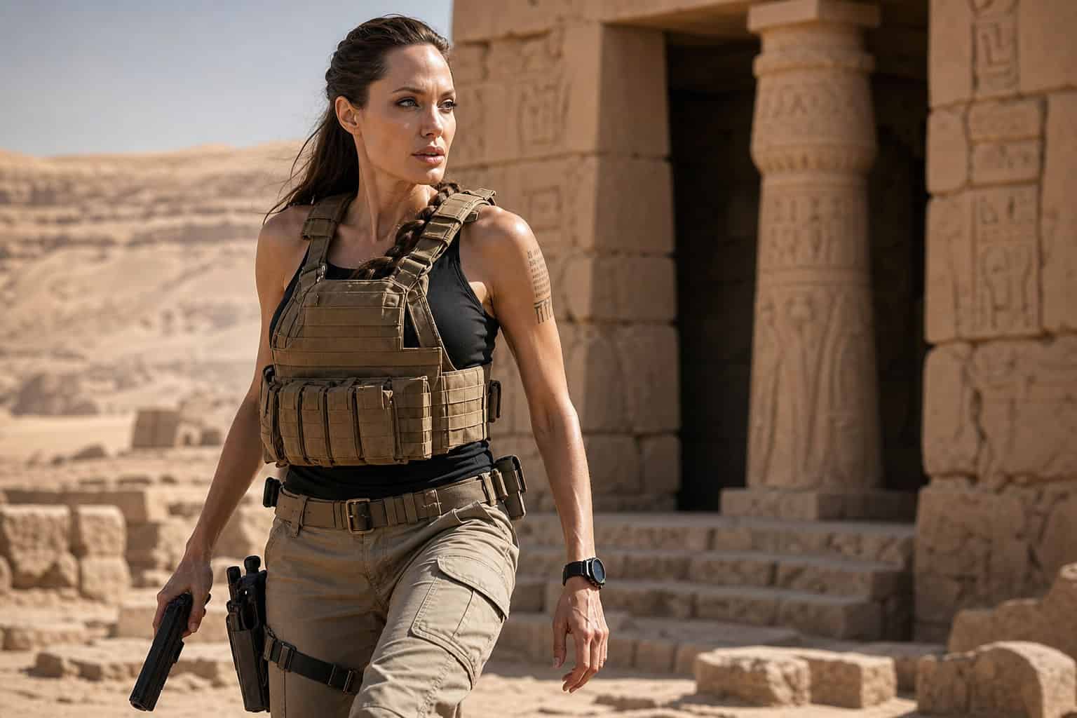 Angelina Jolie in desert tactical gear for the temple sequences in Lara Croft The Cradle of Life 2003.
