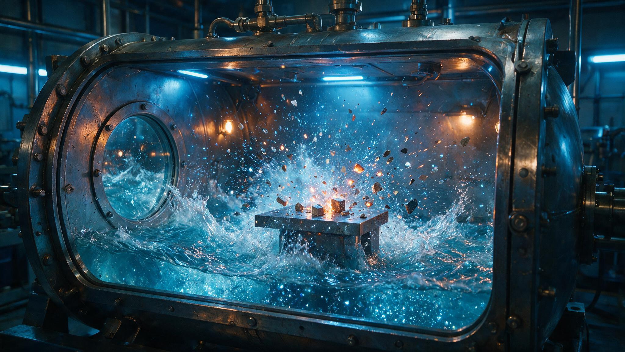 Detonation synthesis chamber producing nanodiamonds from carbon-containing explosives.