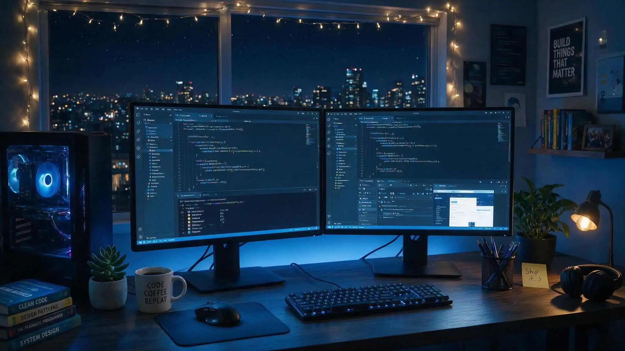 Web Designer vs Web Developer: Which One Do You Actually Need? 3 Developer's dual monitor setup with VS Code, terminal, and browser dev tools.