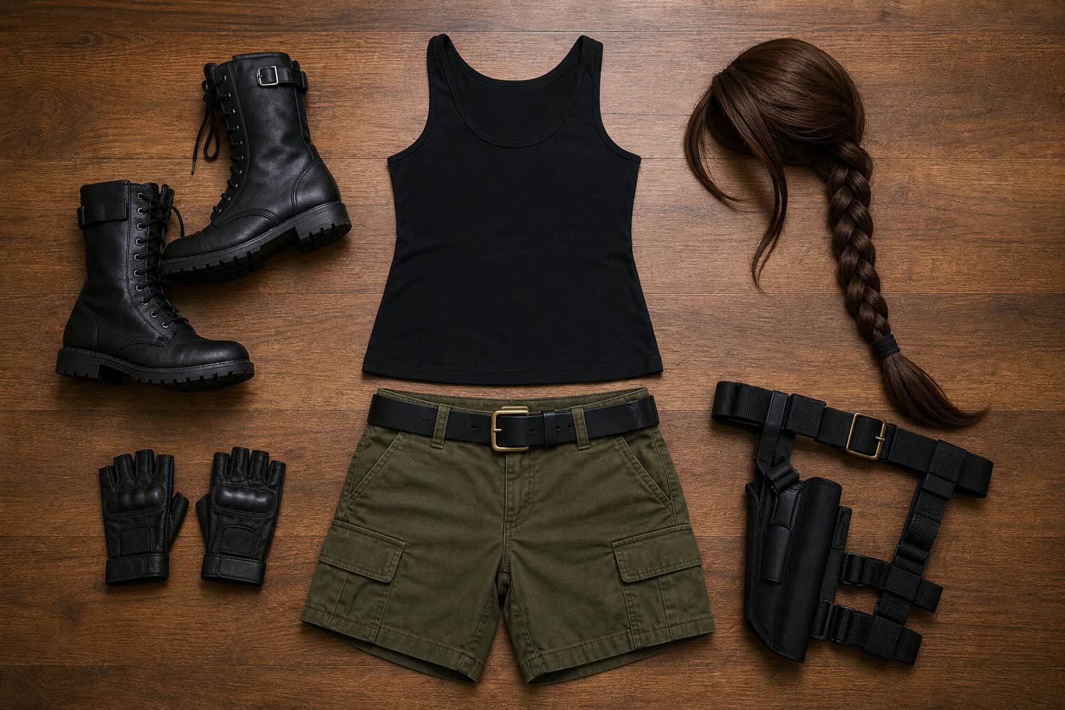 Flat lay of DIY Lara Croft costume components including tank top, cargo shorts, combat boots, and holster belt.