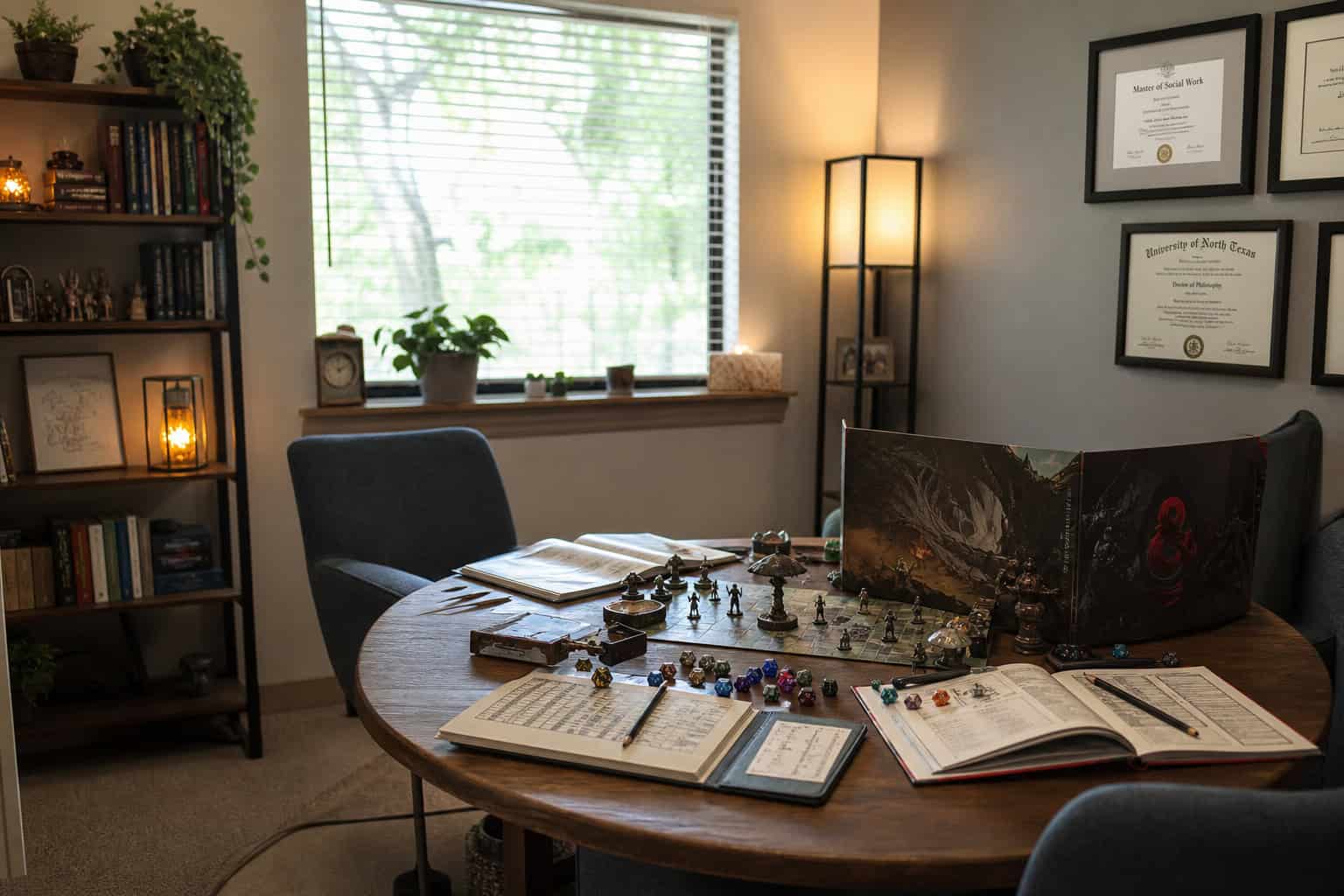 A cozy gaming and D&D setup with a round table, open books, miniatures, and a fantasy-themed game board in a well-lit room.