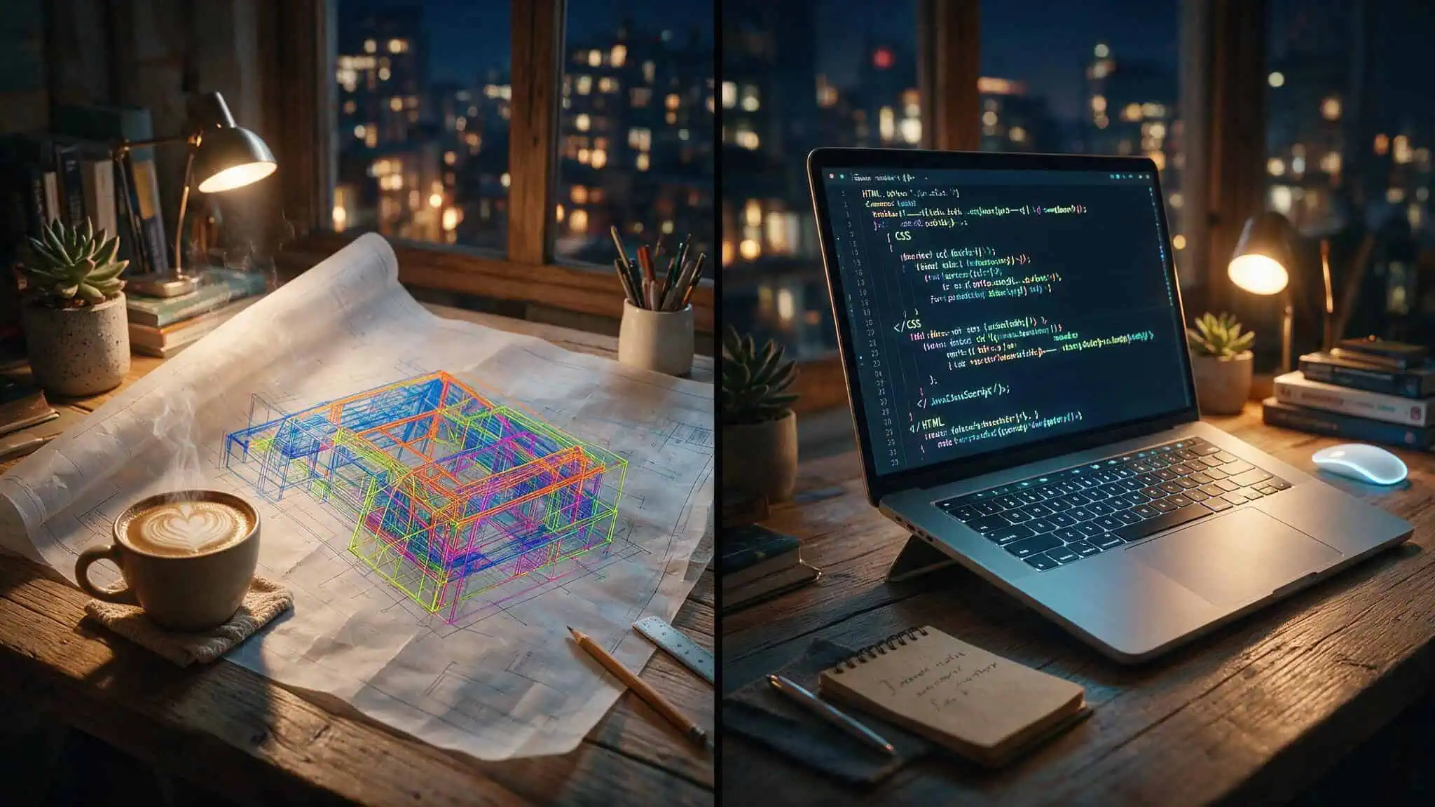 Split view of a web designer's wireframe blueprint and a web developer's code on a laptop.