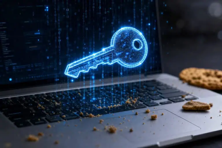 Digital key hologram on a laptop keyboard representing cybersecurity and data protection concepts.