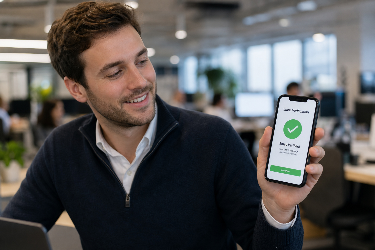 Professional using email verification on smartphone to check address validity during outreach workflow