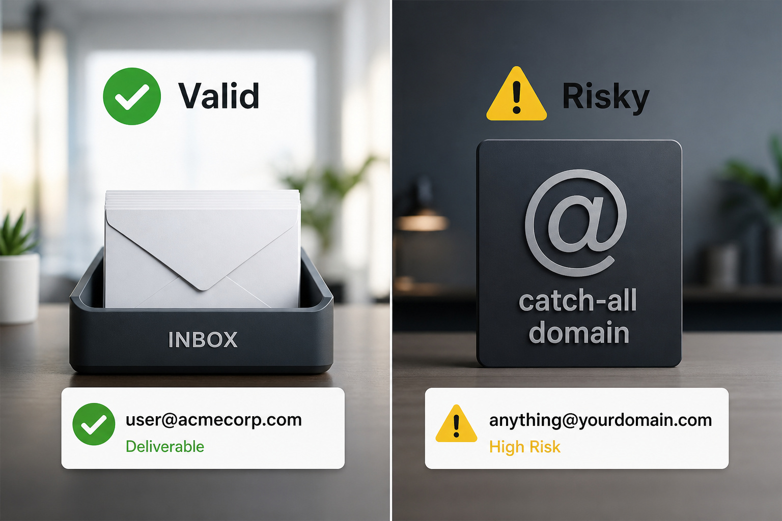 How to Verify if an Email is Legit: A Security Pro's Step-by-Step Guide 7 Comparison of Valid and Risky email verification results with a catch-all domain warning.