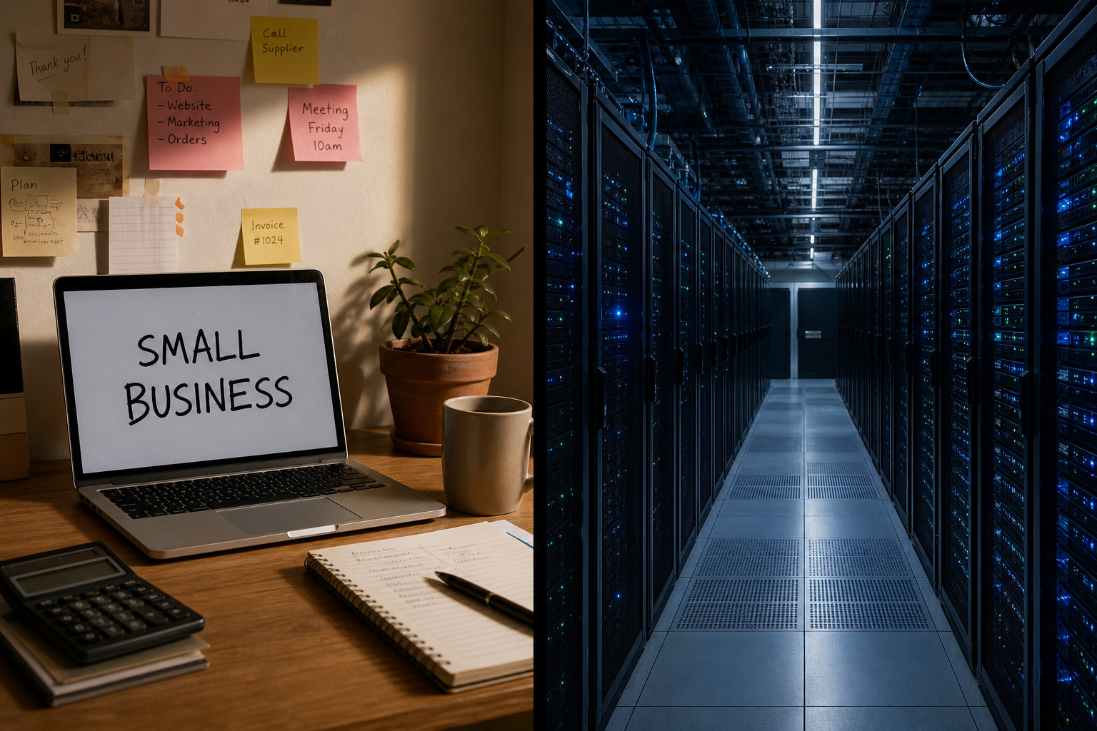 Side-by-side comparison of small business office and enterprise server room illustrating domain size impact on email verification accuracy