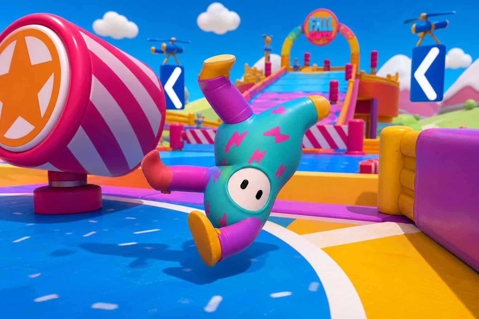 Fall Guys character experiencing a physics glitch, illustrating shared absurd fun in gaming.