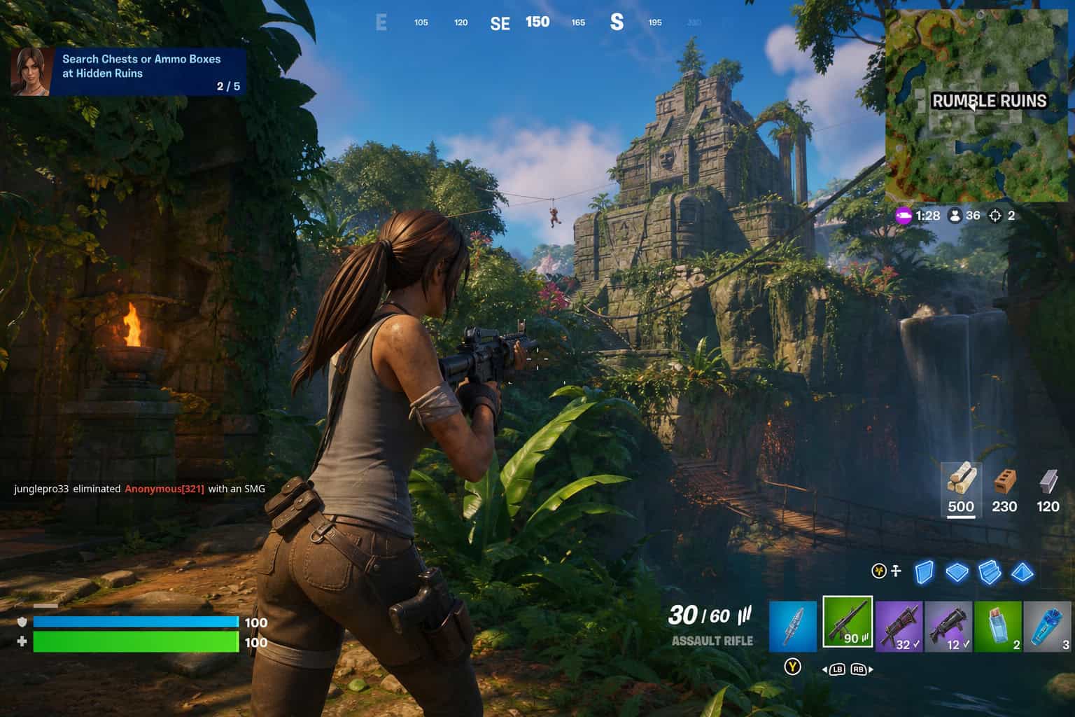 How Angelina Jolie's Tomb Raider Outfit Invented Method Dressing in 2001 5 Lara Croft Fortnite skin gameplay showing the digital version of Jolie's outfit.