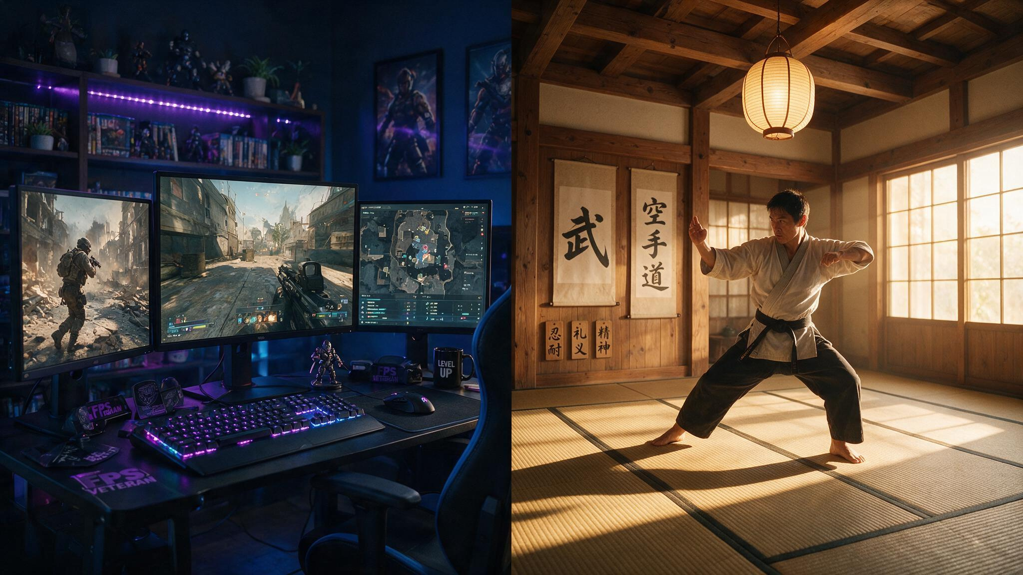 Split scene of an FPS gamer and a martial artist illustrating genre-based hobby matching for adrenaline seekers.