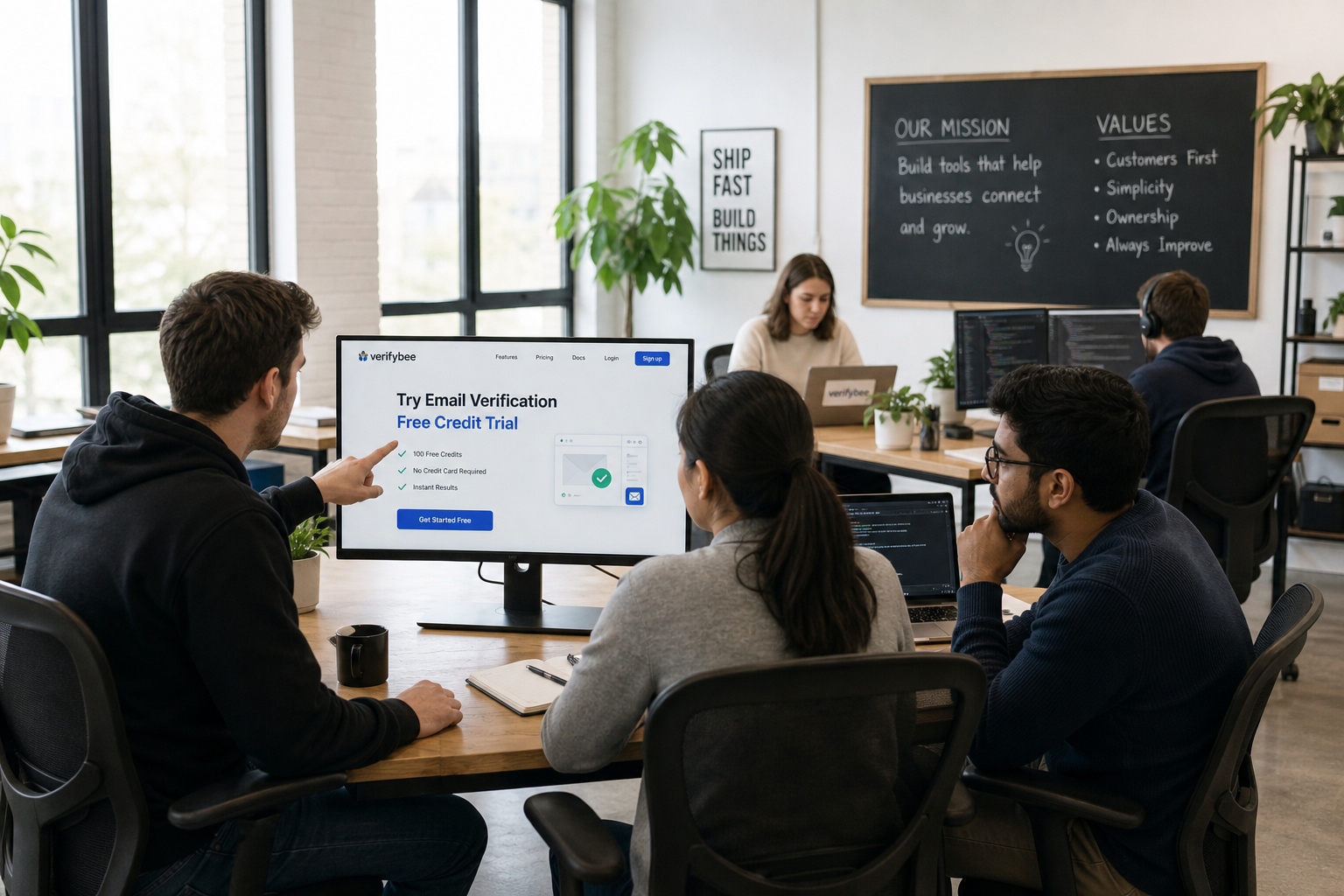 Startup team testing email checker free credits on a laptop showing verification trial results