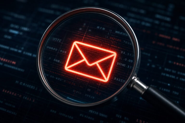 Red neon email icon under magnifying glass on digital background, representing email security and communication technology.
