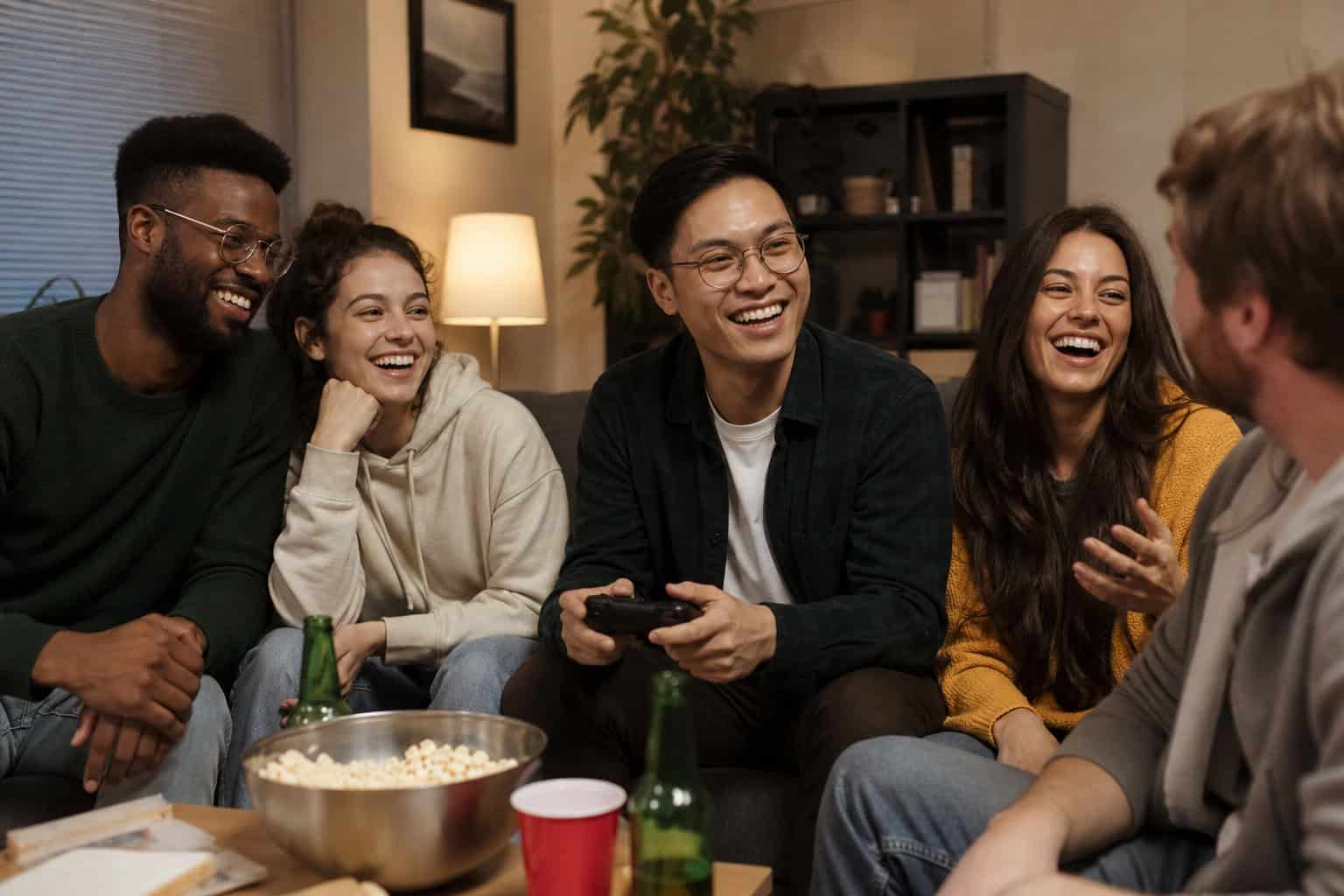 A diverse group of friends enjoying a video game night together, laughing and having fun in a cozy living room setting.