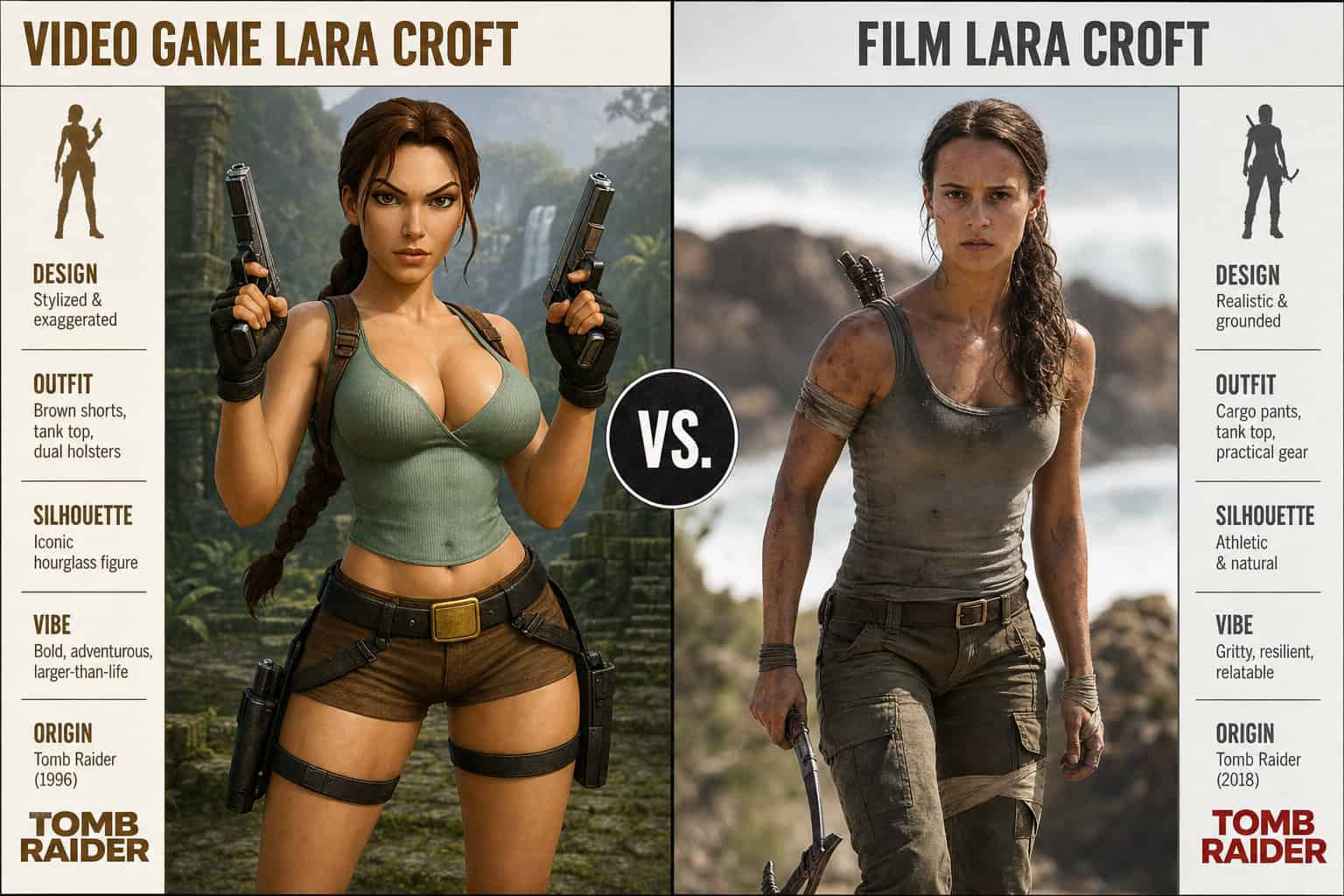 Every Lara Croft Outfit from the Tomb Raider Movies: Angelina Jolie to Alicia Vikander 4 Side-by-side comparison of game Lara Croft outfit versus film Lara Croft outfit in Tomb Raider 2001