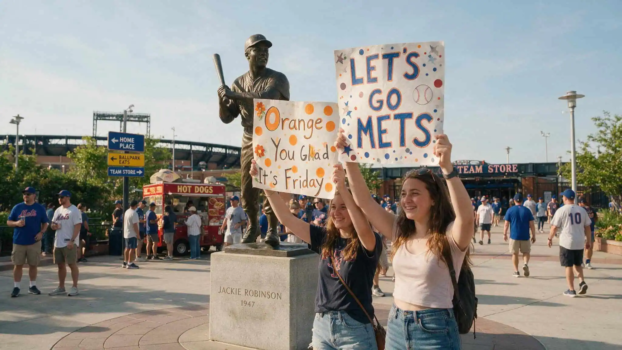 Emma Dewit and Georgie DeAntoni holding signs as the SF Giants Gamer Babes near the Willie Mays statue.
