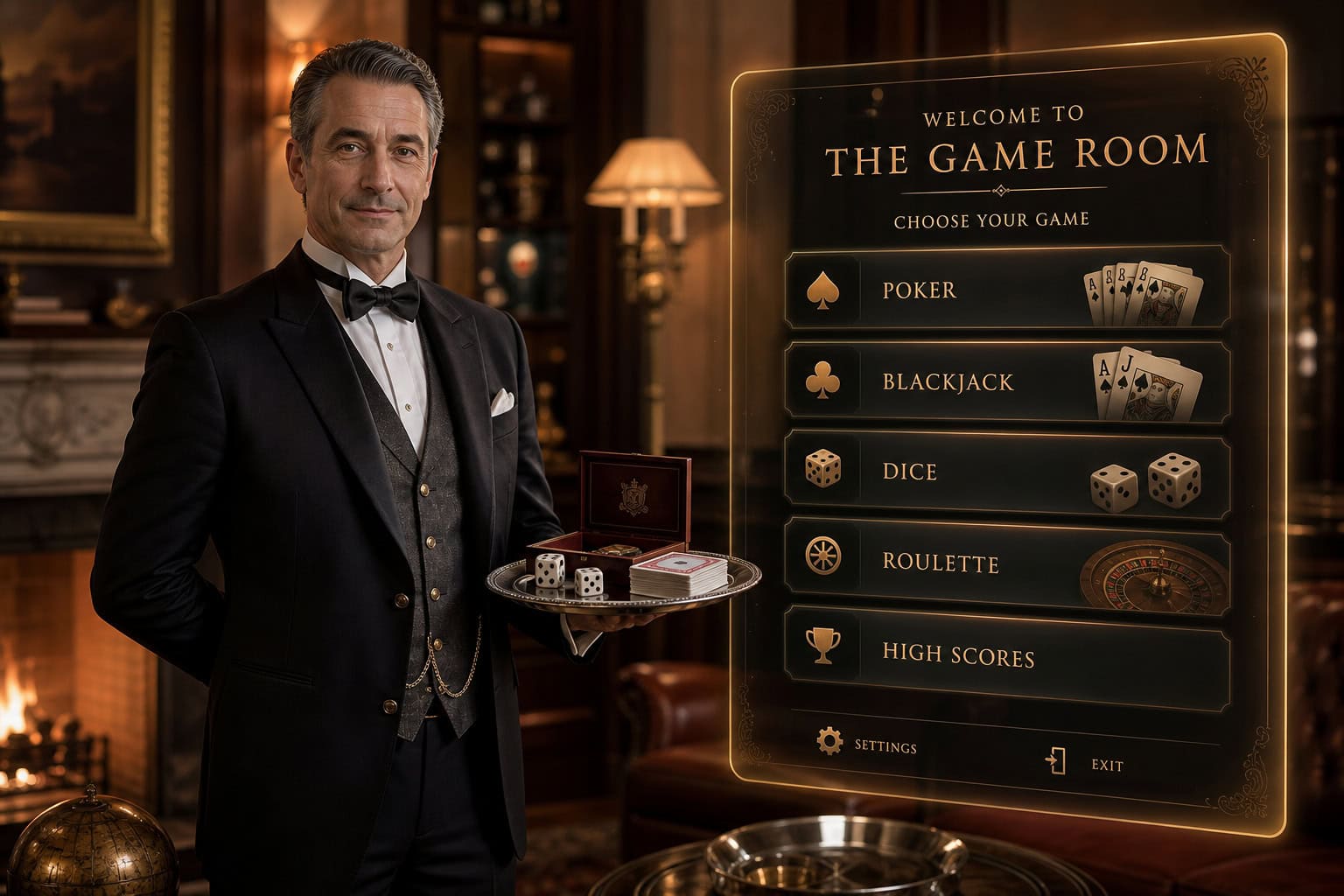 Social Games to Play with Friends: Gidd.io vs CrazyGames for Inside Jokes 2 Refined man in tuxedo standing in a sophisticated gaming room with a digital game menu for poker, blackjack, dice, roulette, and high scores.