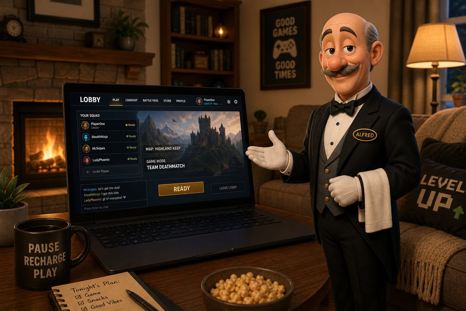 Social Games Free: 5 Platforms That Prove Zero Cost Doesn't Mean Low Quality 2 Alfred mascot standing next to a gaming laptop displaying a lobby screen, in a cozy living room setting with gaming-themed decor.