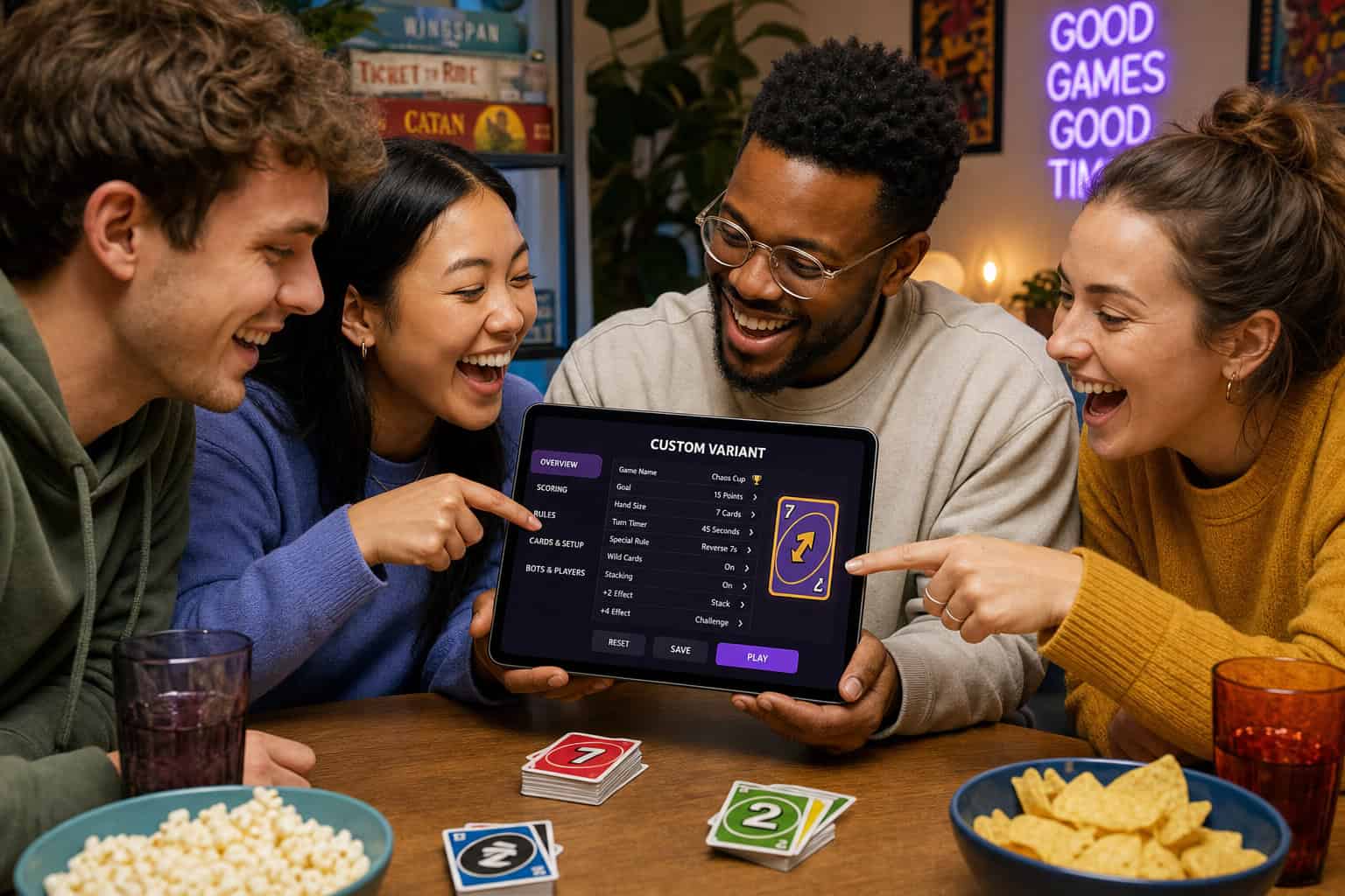 Social Games to Play with Friends: Gidd.io vs CrazyGames for Inside Jokes 6 Four friends enjoying a card game with a tablet showing game options, surrounded by snacks and drinks, in a cozy, well-lit room.