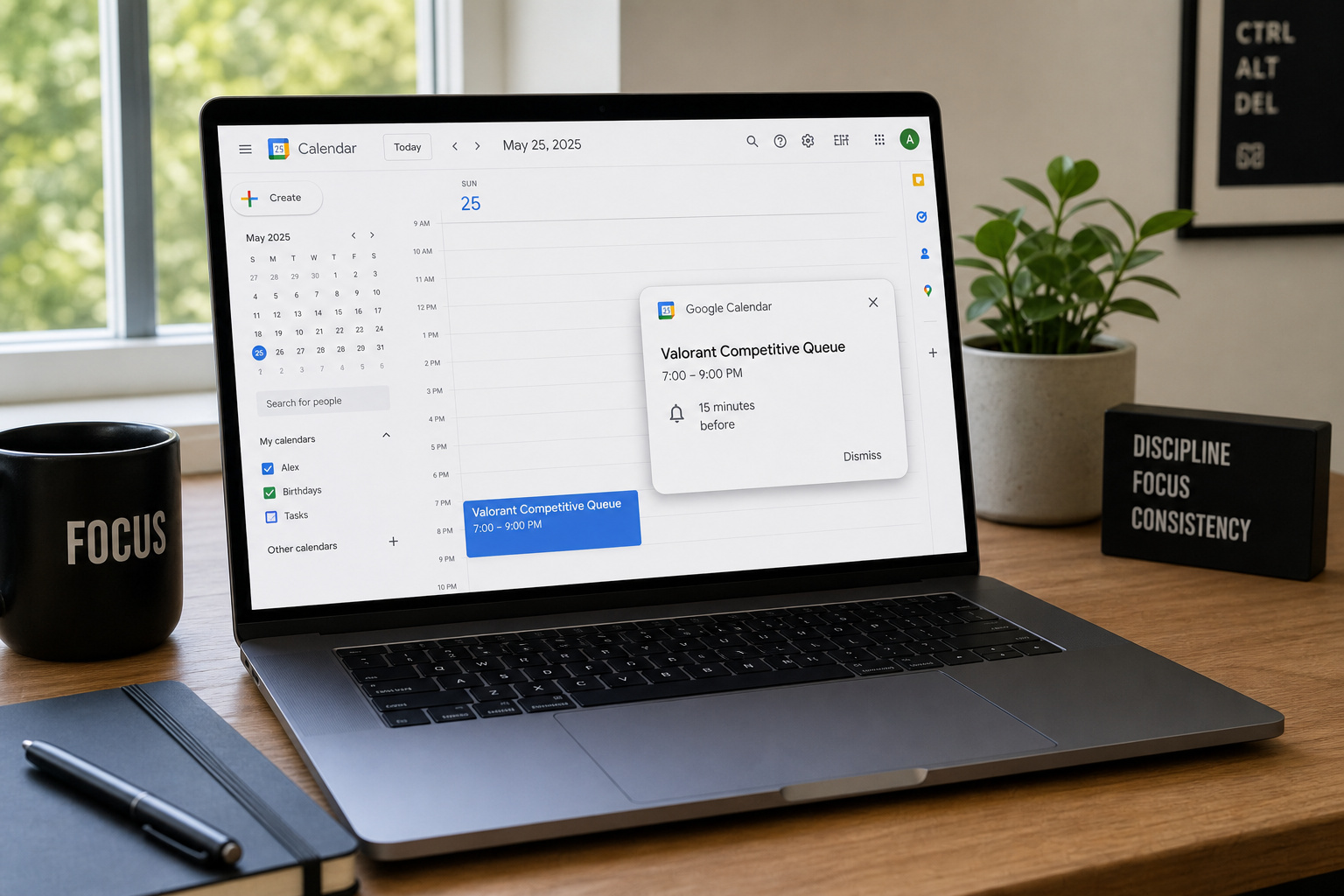 Google Calendar event for Valorant competitive queue with a 15-minute reminder on a laptop.