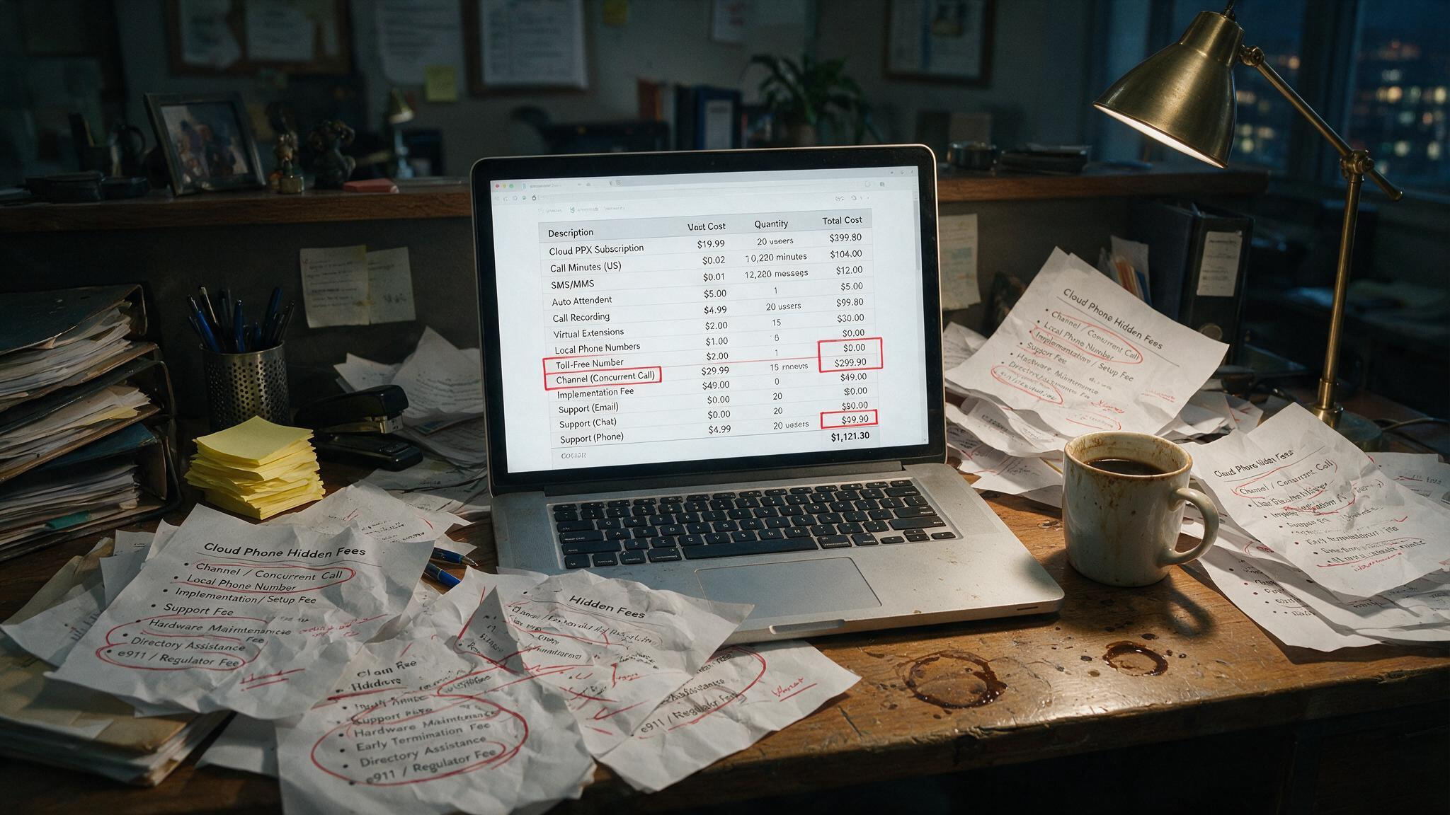 Cloud vs On-Premises Phone System: 3-Year TCO for 25 and 200 Users 2 Desk with laptop showing cloud PBX billing and papers highlighting hidden add-on fees