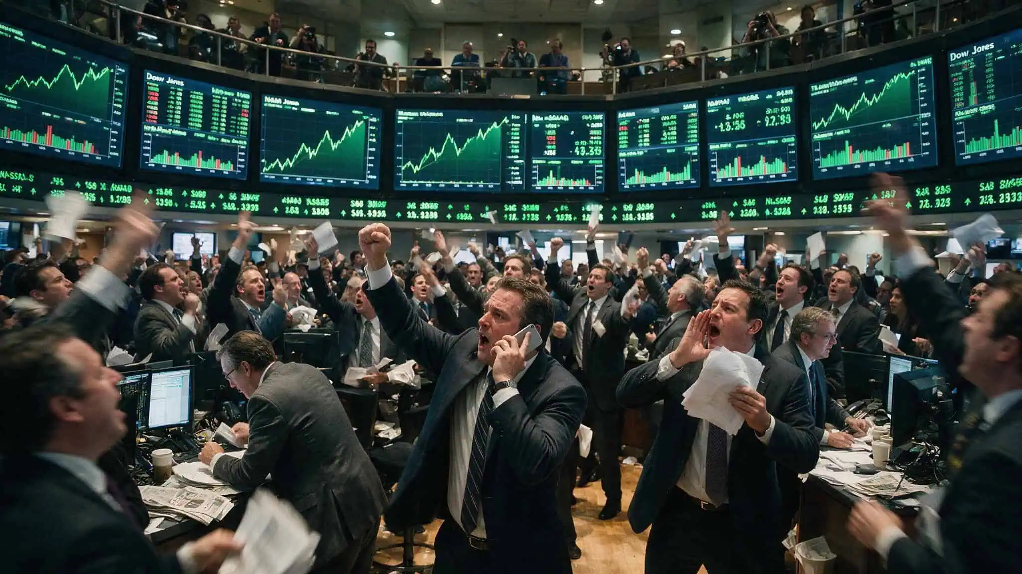 Warren Buffett IQ: Why He Says You Can Sell 30 Points and Still Win at Investing 3 Crowded stock exchange floor showing herd mentality that traps even high-IQ investors, as described in Buffett’s overconfidence argument.