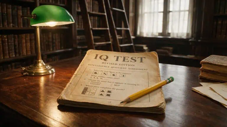 Vintage IQ test booklet and pencil representing historical intelligence measurement