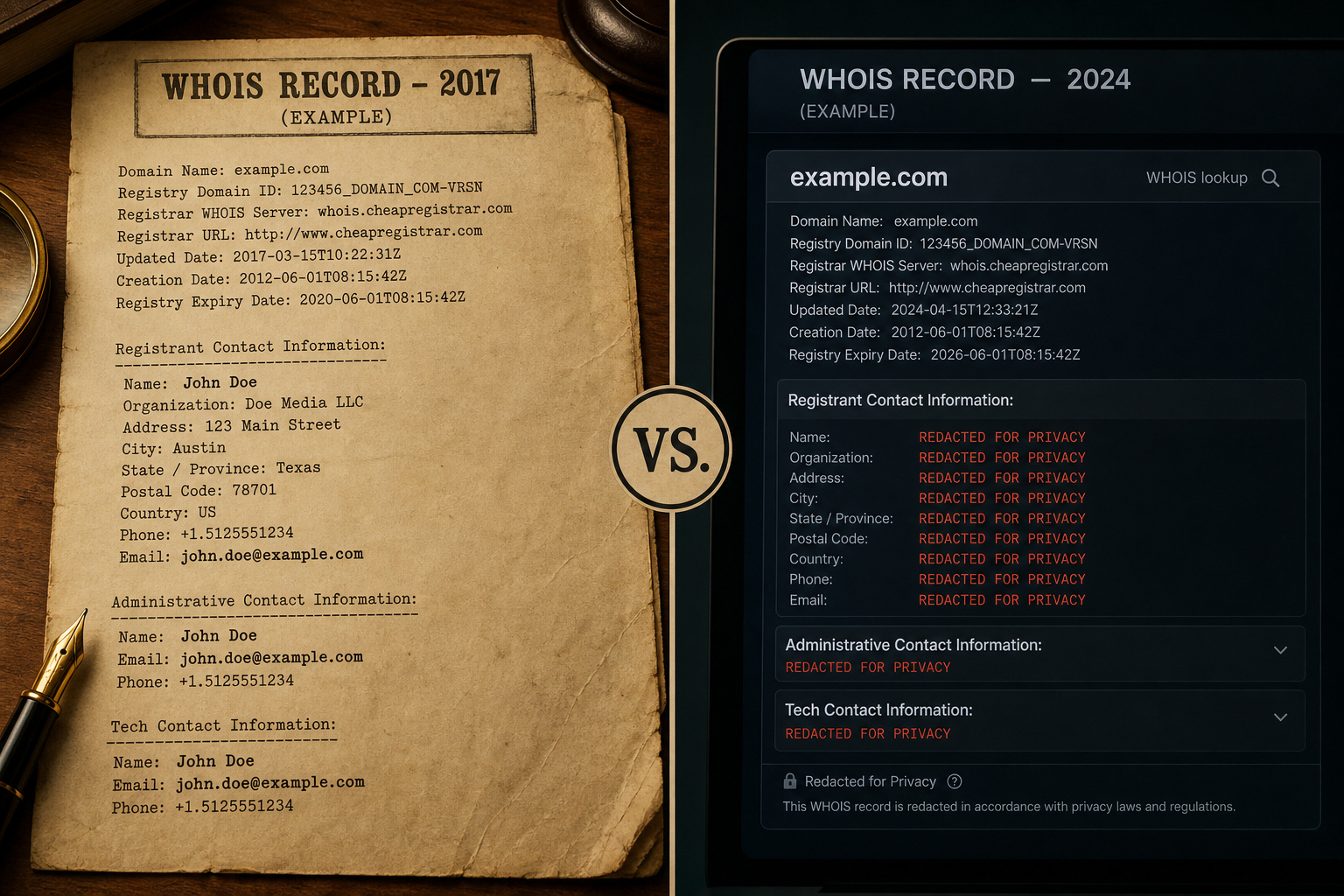 Reverse Email Lookup Free: How to Use WHOIS, RDAP, and OSINT to Find the Owner 4 Historical WHOIS record from 2017 with visible owner details compared to a modern redacted record