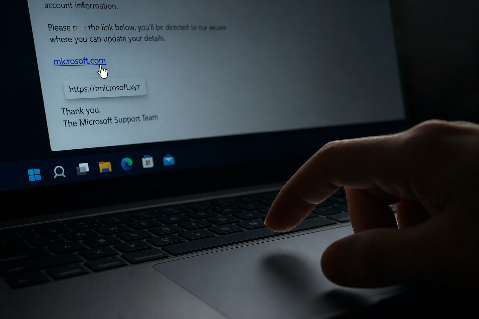 How to Tell If It's a Scammer Email: 7 Red Flags That Go Beyond the Obvious 2 Person hovering cursor over a deceptive link showing a mismatched URL preview on a laptop.