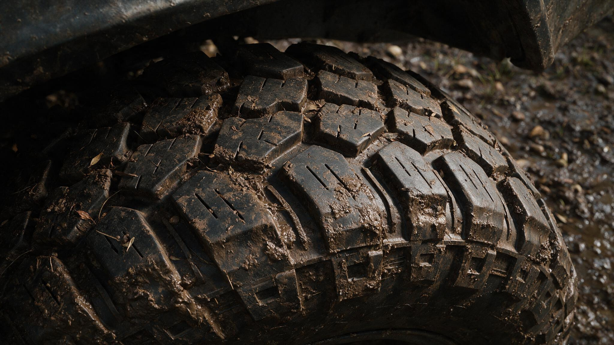 All-terrain tire tread design with mud, sipes, and blocky pattern for off-road grip.