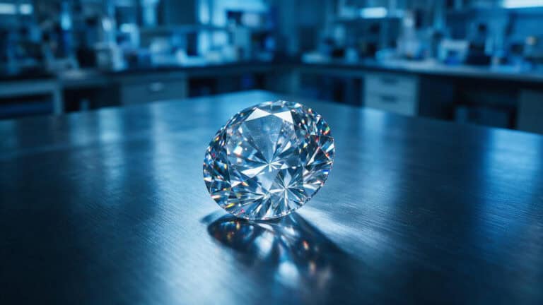 Lab-grown diamond on metallic surface, illustrating synthetic diamond purity and engineering.