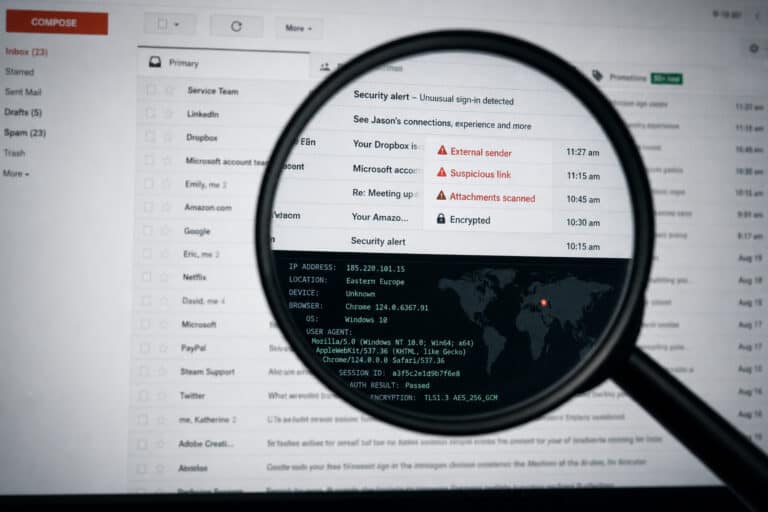 Magnifying glass highlighting security alert and suspicious links in an email inbox, emphasizing email security and threat detection.