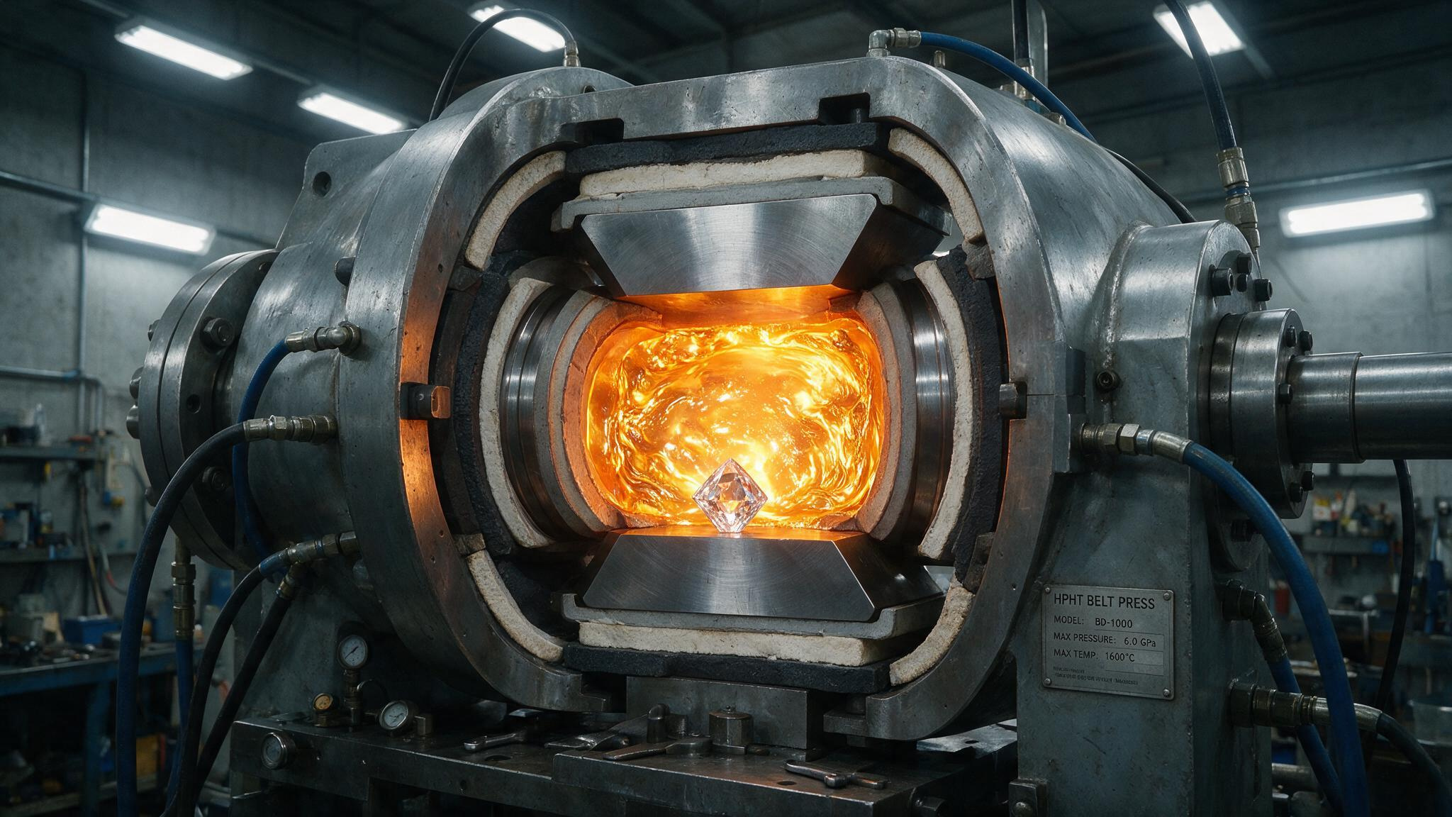 HPHT belt press cross-section showing diamond seed and molten metal catalyst under pressure.