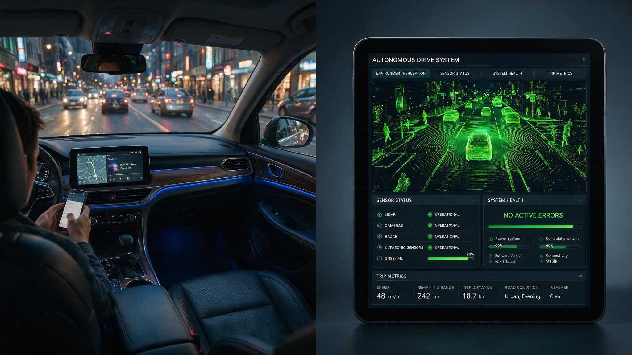 Comparison of distracted human driver and autonomous vehicle sensor display showing no errors