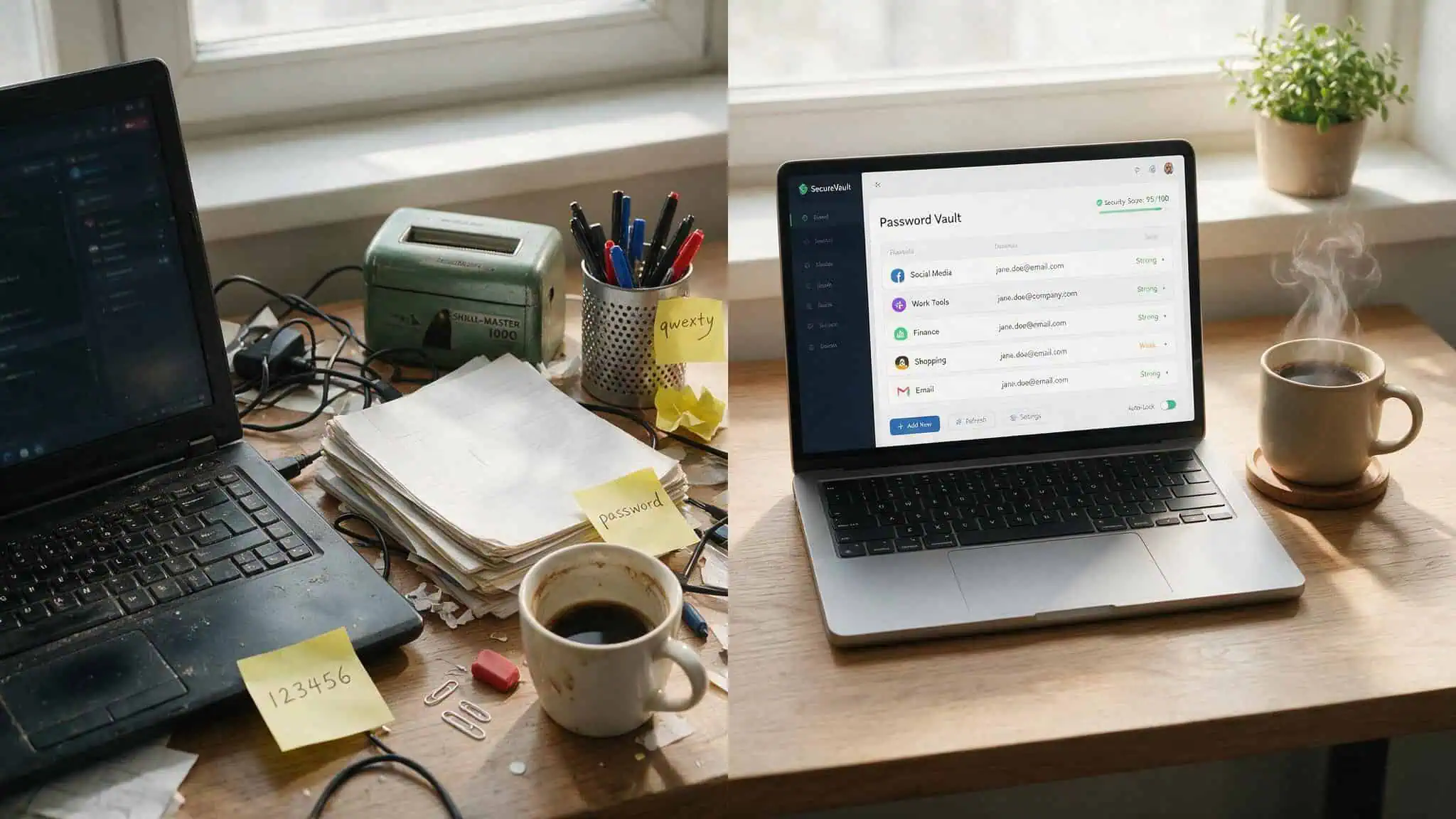 What Is the 8-4 Rule for Passwords? (And Why It's No Longer Enough) 4 Split-screen comparing weak password habits with a password manager interface, illustrating the human problem section.