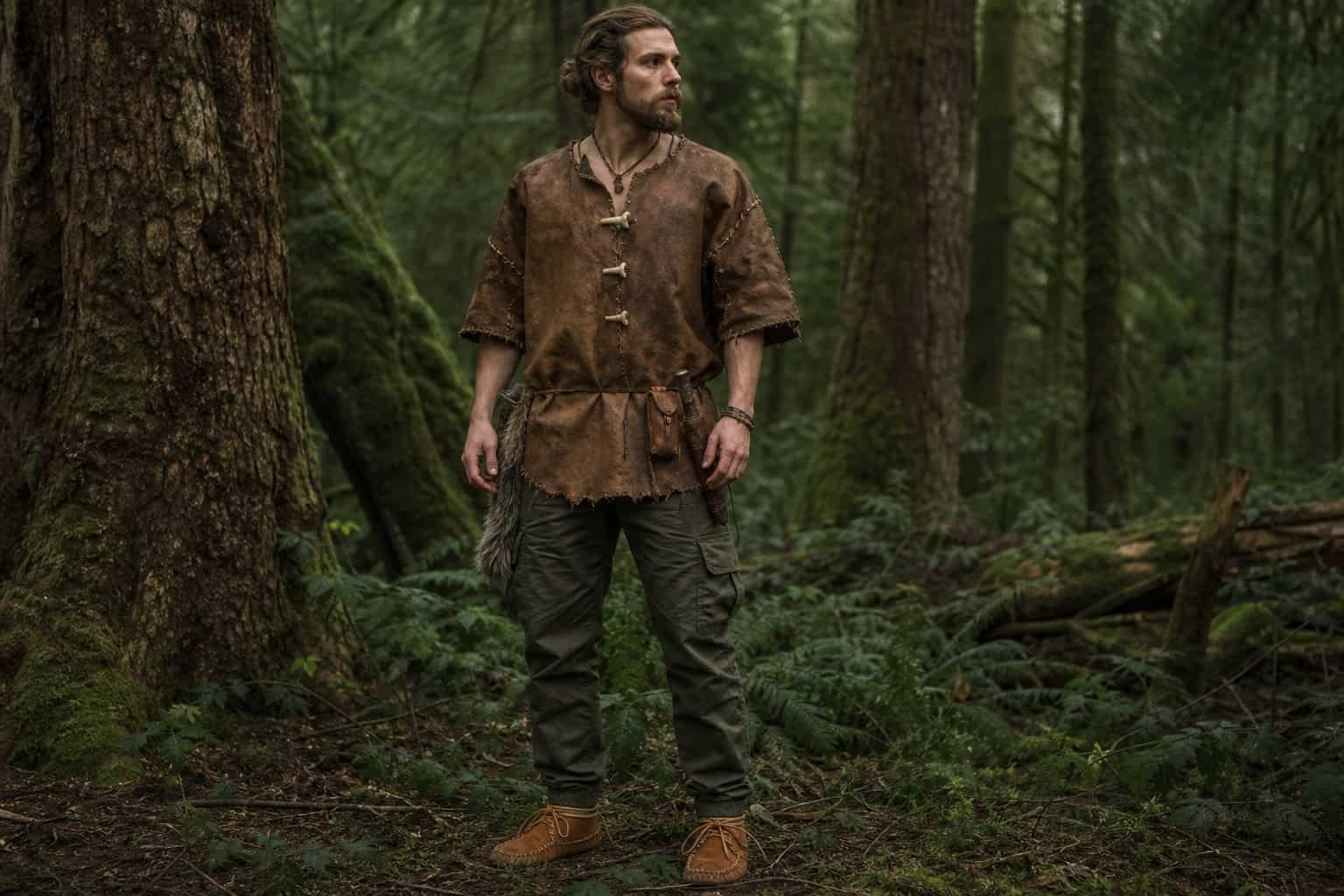 Huntress survivalist outfit with hand-stitched deer hide tunic and bone toggles for forest camouflage.