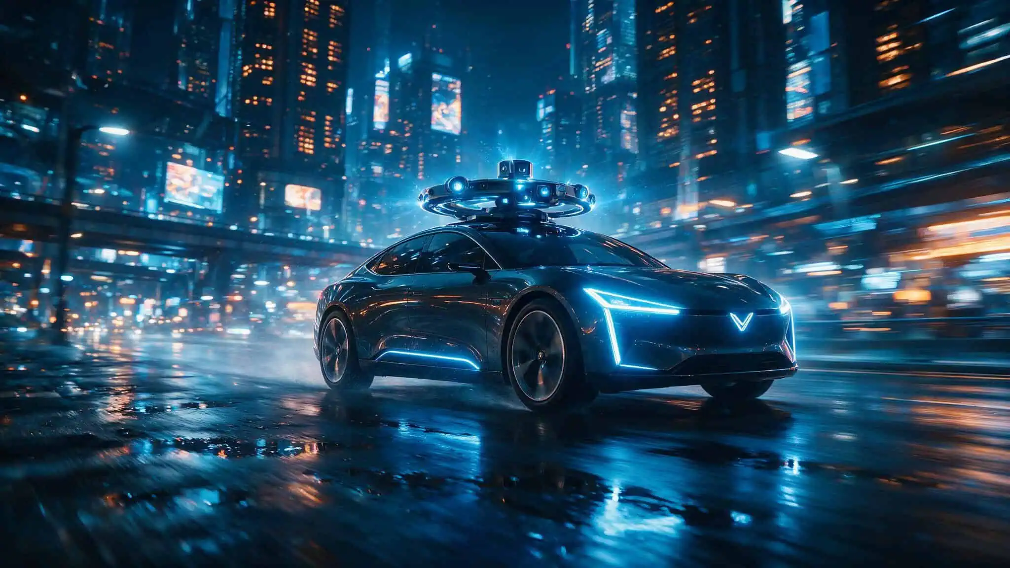 Autonomous vehicle with sensor arrays driving through a futuristic city at night