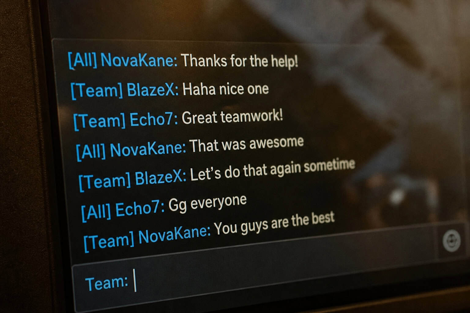 Screenshot of a gaming team chat with messages of thanks and praise, showing team communication and collaboration.