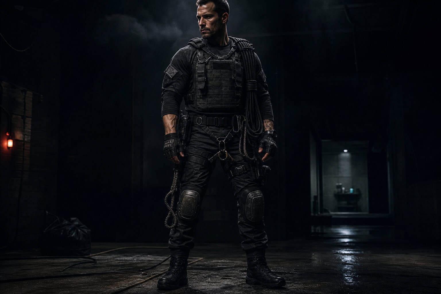 Infiltrator outfit with Trinity tactical gear including Kevlar vest and integrated climbing rope.