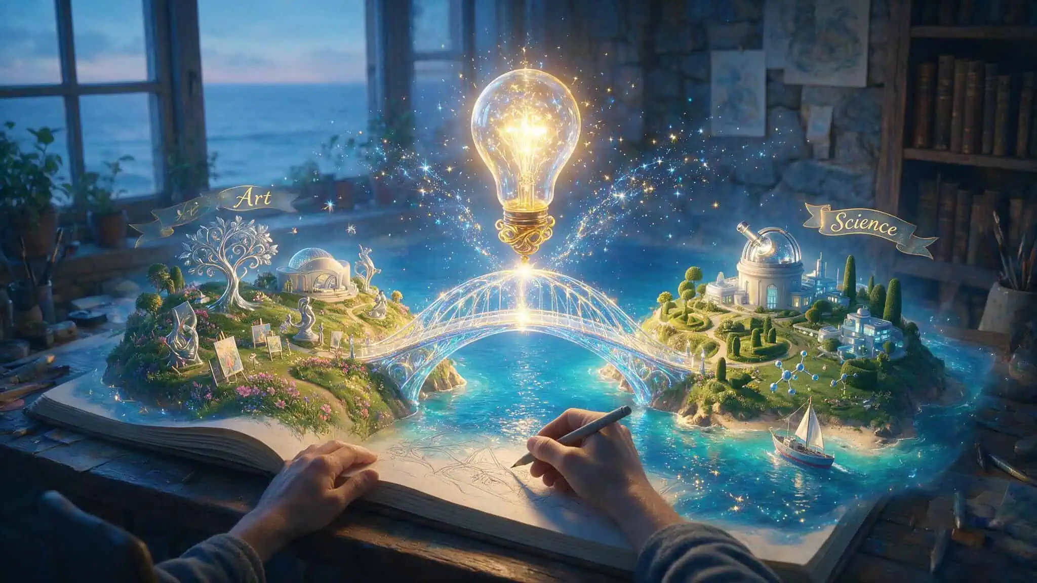 Surreal illustration of a bridge connecting art and science islands, representing integrative intelligence