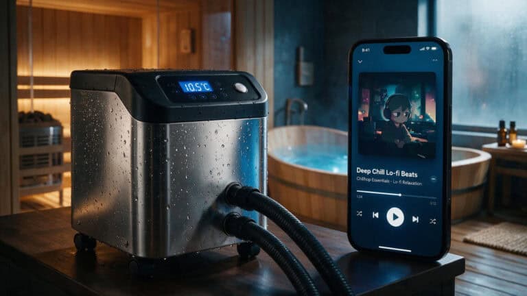 Two Nuvio products: a cold plunge chiller pump and a media player app, showing brand confusion.