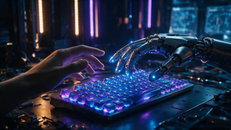 Human and robotic hands reaching over a keyboard representing AI and web development collaboration