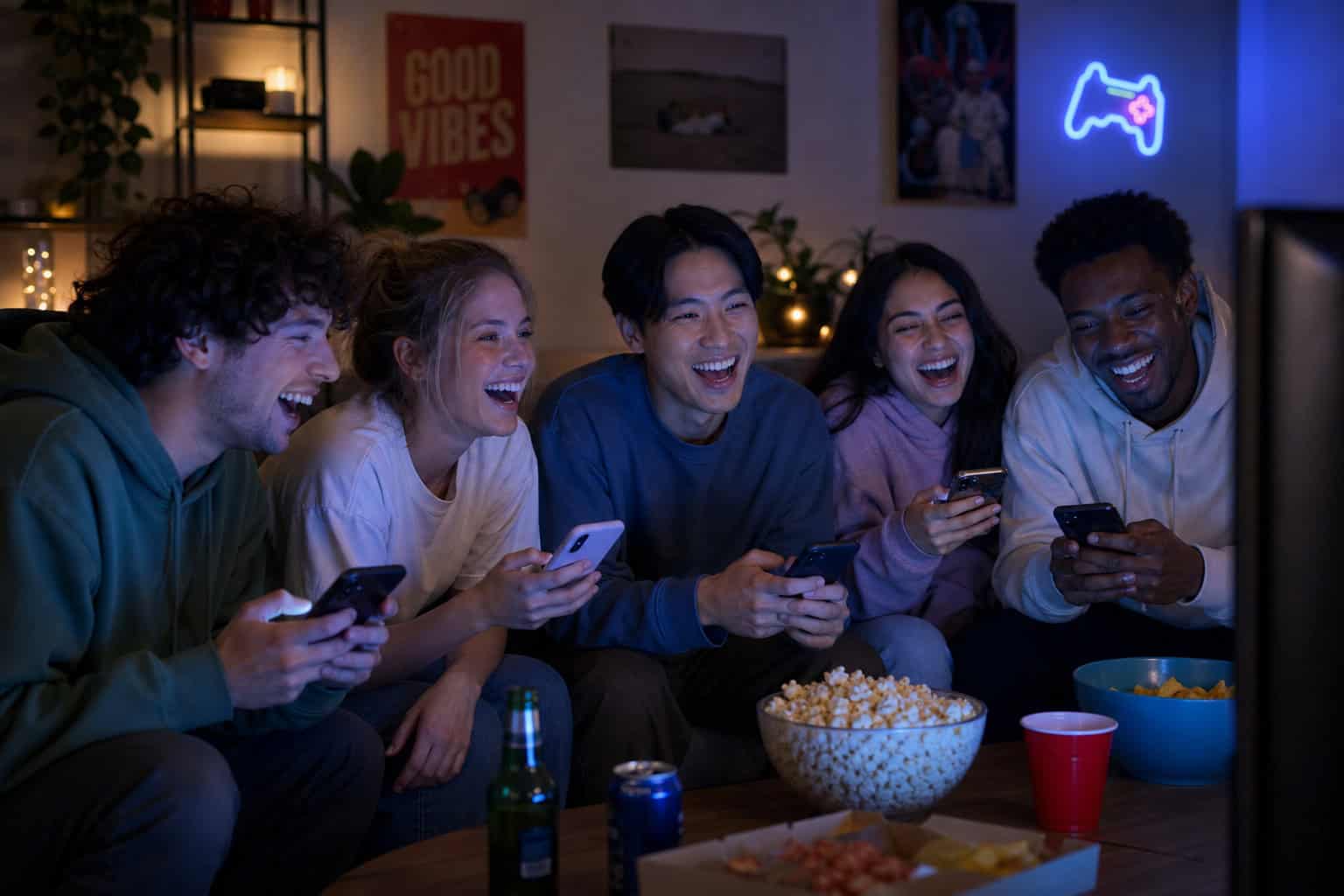 Friends laughing while playing Jackbox Games using smartphones as controllers.